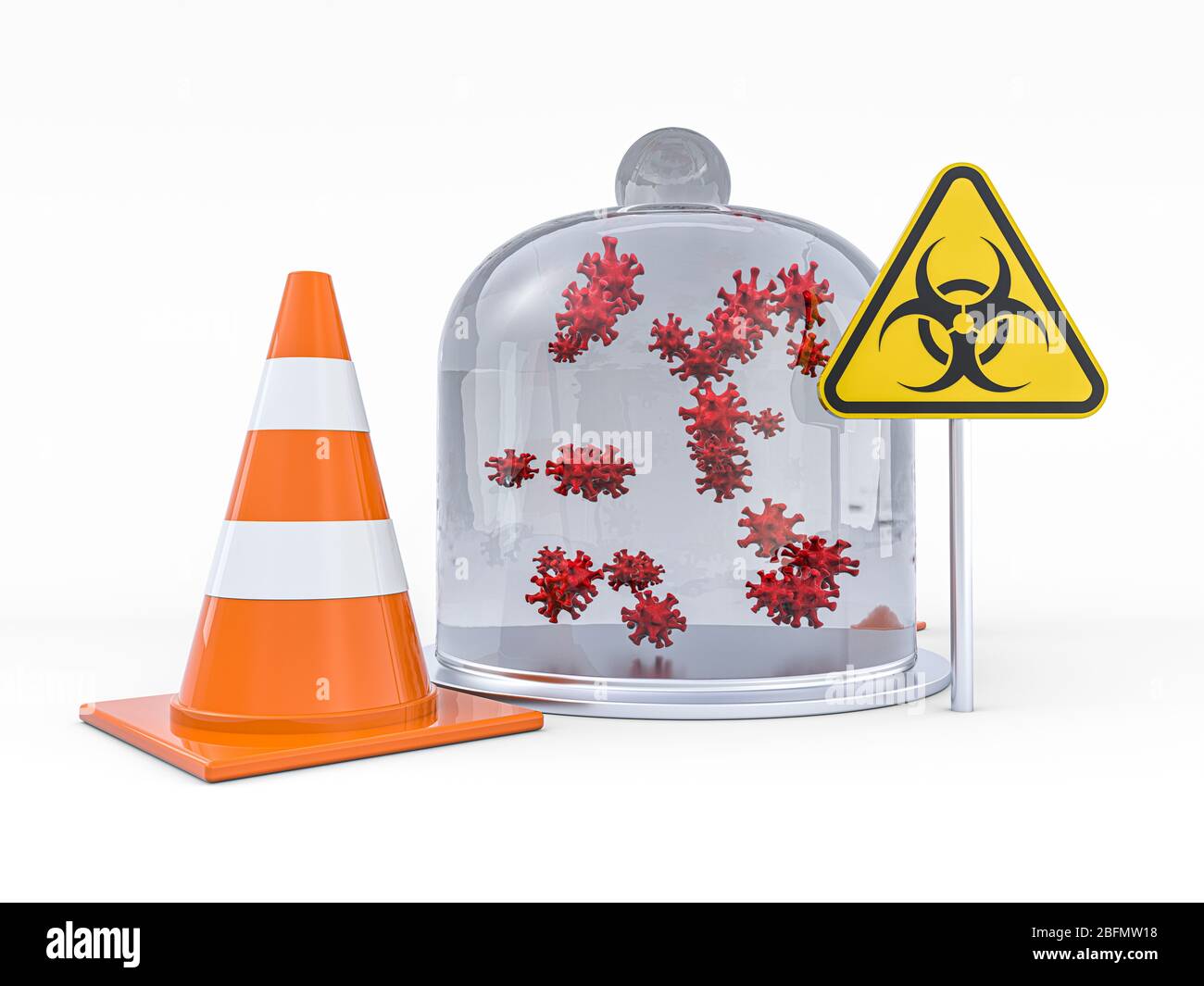 Virus COVID-19, Alarm für Pandemierisiko. Schild für Biohazard. Warnzeichen des Virus. 3D-Rendering Stockfoto