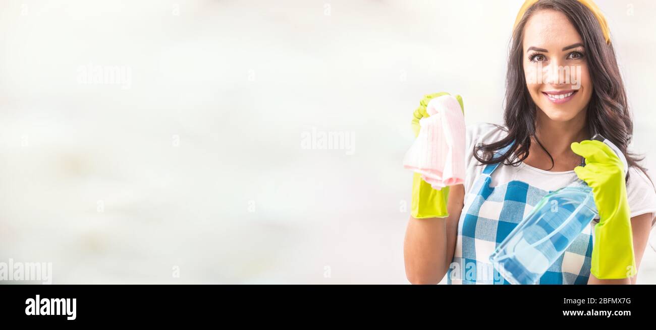 Banner-Ansicht einer lächelnden schönen Frau in Schürze hält Waschmittel und Putzlappen in den Händen in Gummihandschuhen im rechten Drittel des Bildes. Stockfoto