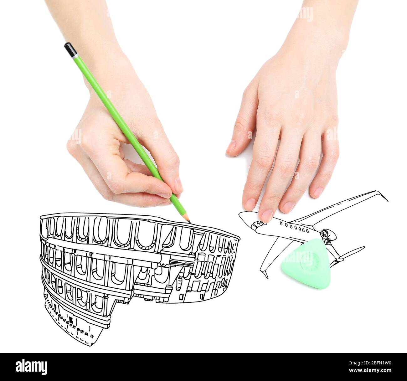 Menschliche Hände Zeichnung Kolosseum isoliert auf weiß Stockfoto