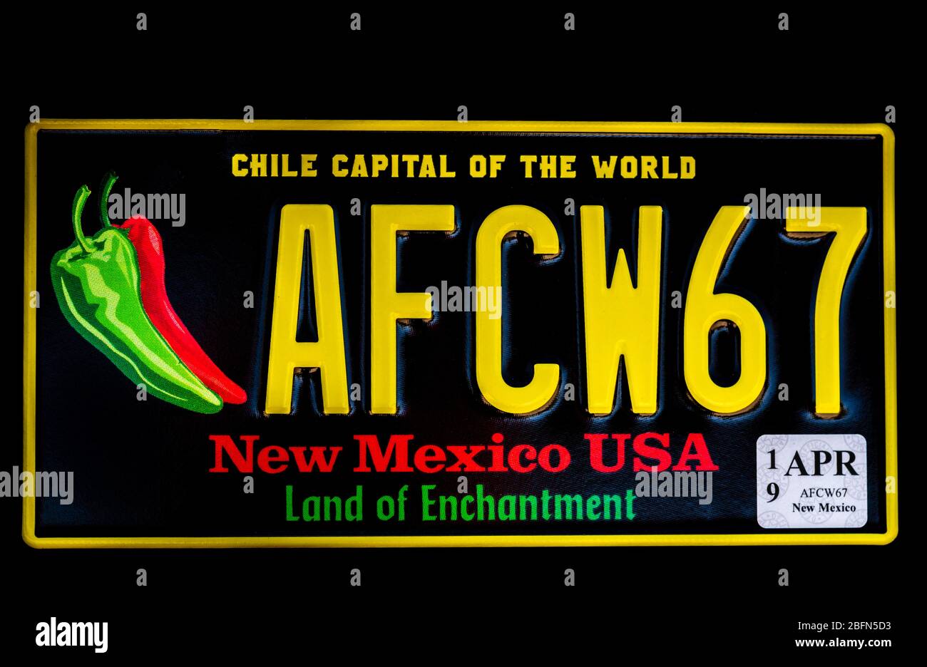 New Mexico schwarzen Auto-Tag, Kennzeichen, Kennzeichen mit Phrase Chile Hauptstadt der Welt. Stockfoto