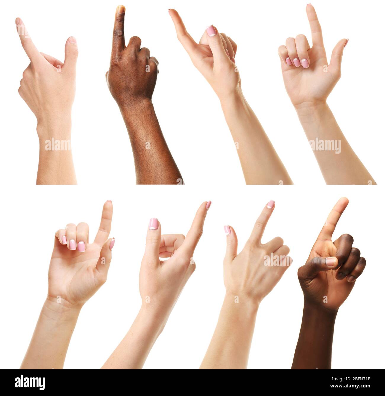 Set von verschiedenen Händen berühren oder zeigen auf etwas, isoliert auf weiß Stockfoto