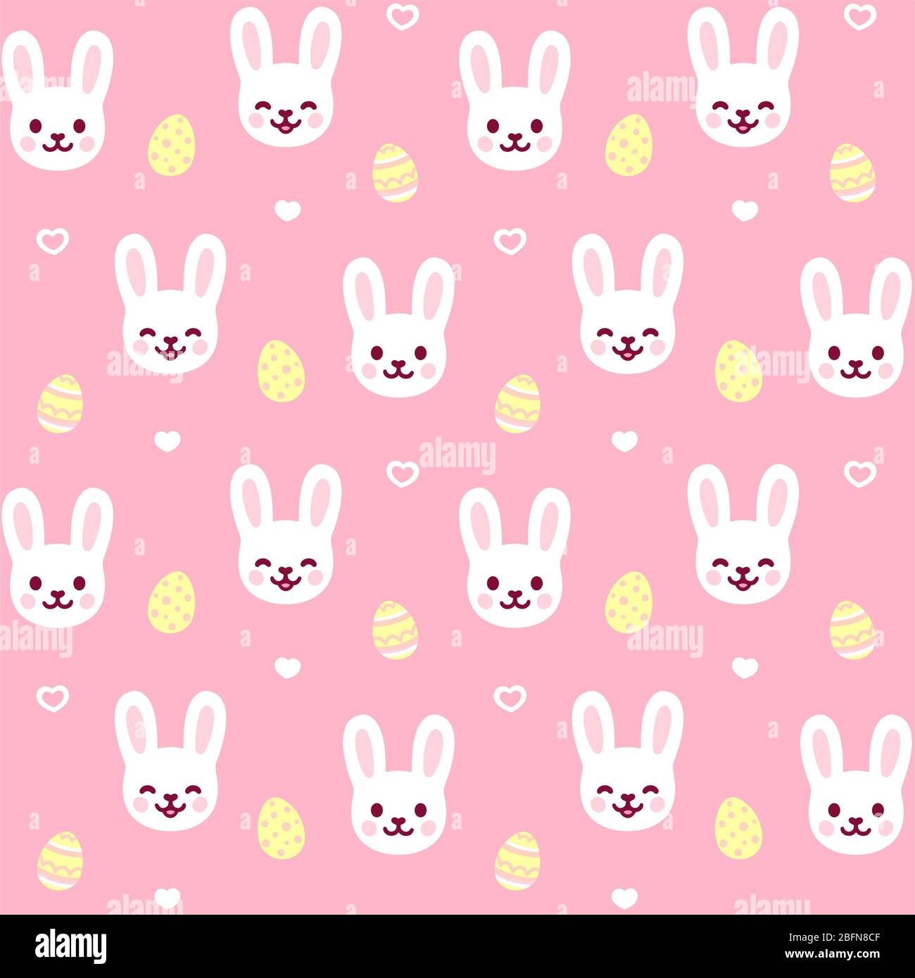 Niedlichen Cartoon Ostern Hasen Muster. Ostereier und weißes Kaninchen Gesicht auf rosa Hintergrund, nahtlos wiederholende Textur. Vektorgrafik. Stockfoto