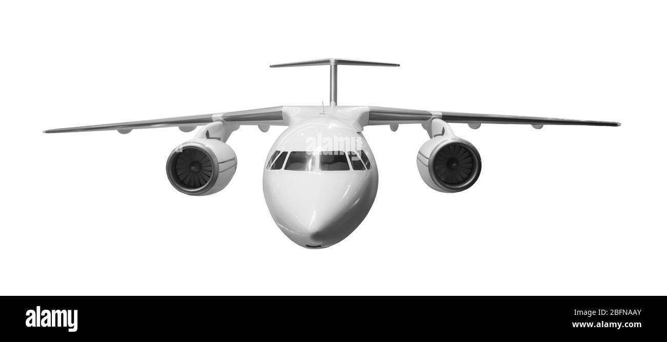 Modernes Flugzeug auf weißem Hintergrund Stockfoto