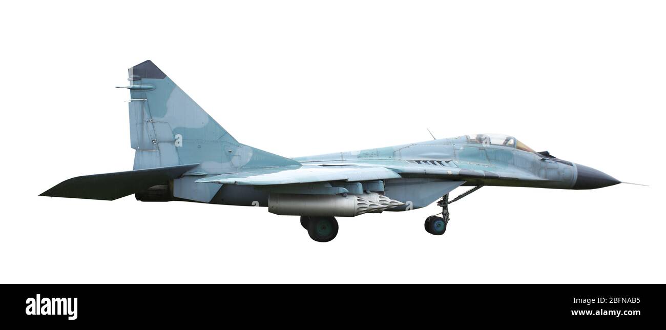 Militärflugzeug auf weißem Hintergrund Stockfoto