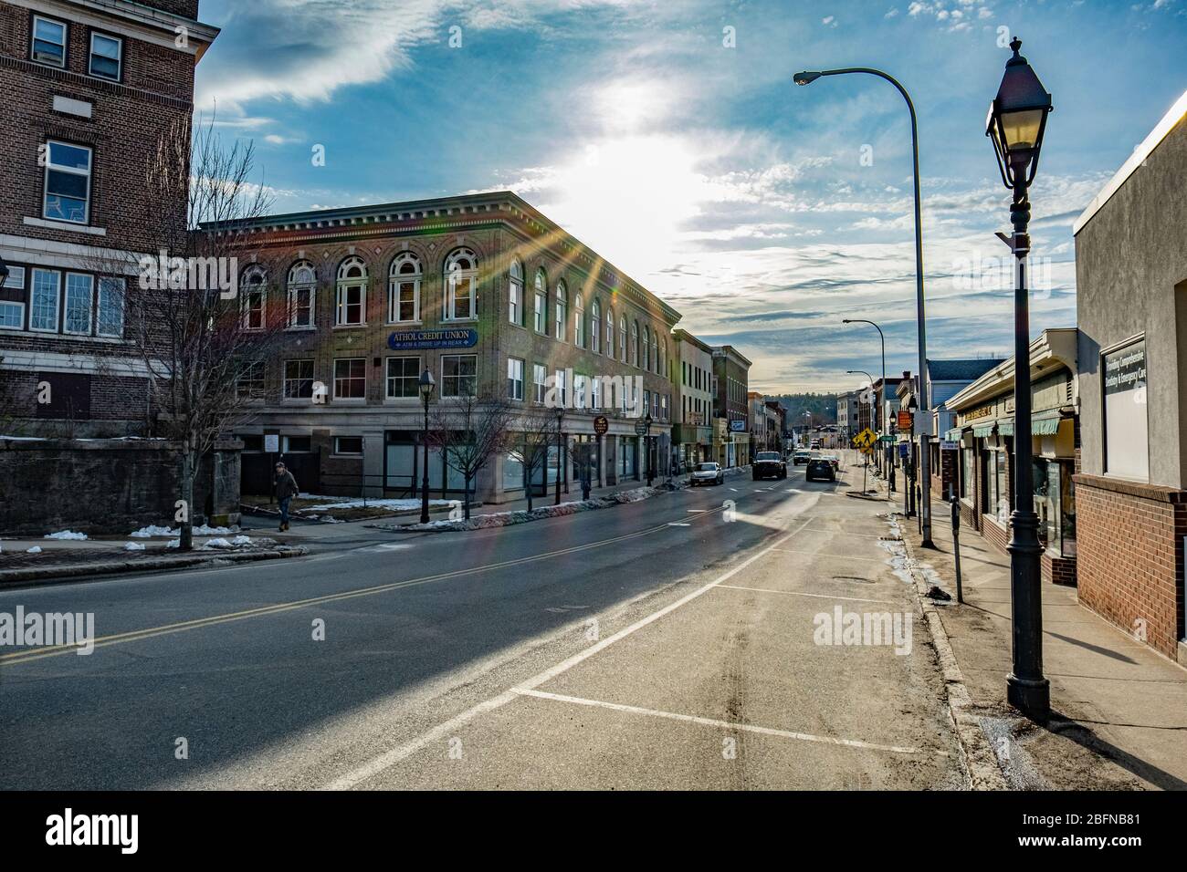 Leere Straßen in einer kleinen Stadt in Massachusetts aufgrund des Corona-Virus Stockfoto