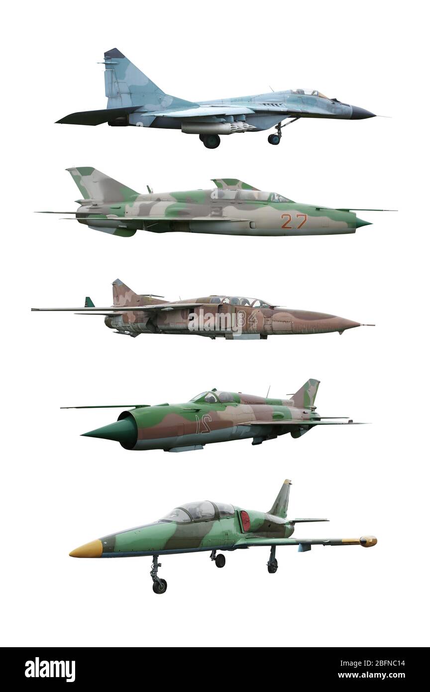 Collage von Militärflugzeugen auf weißem Hintergrund Stockfoto