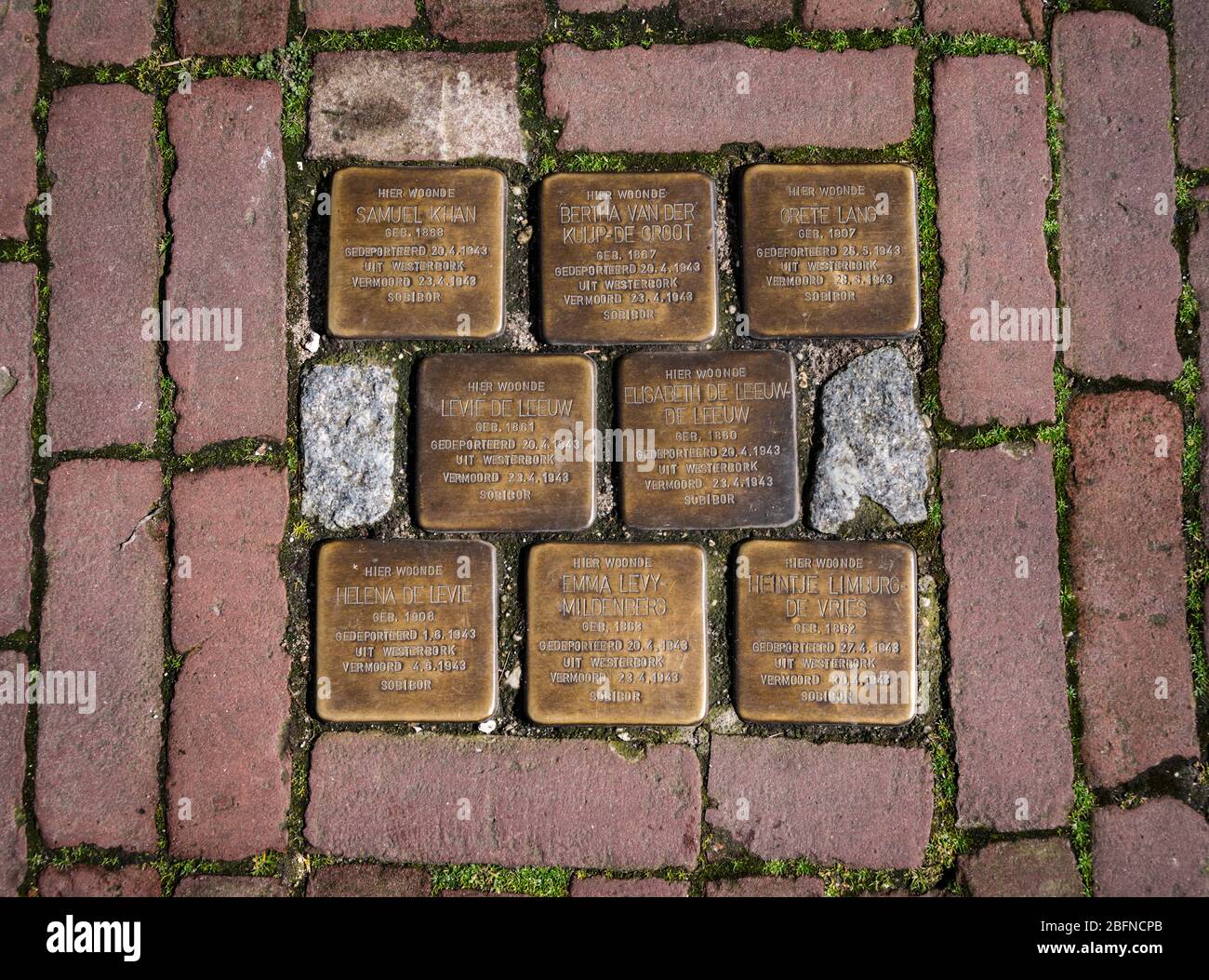 Gouda, Niederlande - April 2015: Gedenkstätten für Holocaust-Opfer mit "Stolpersteinen" Stockfoto