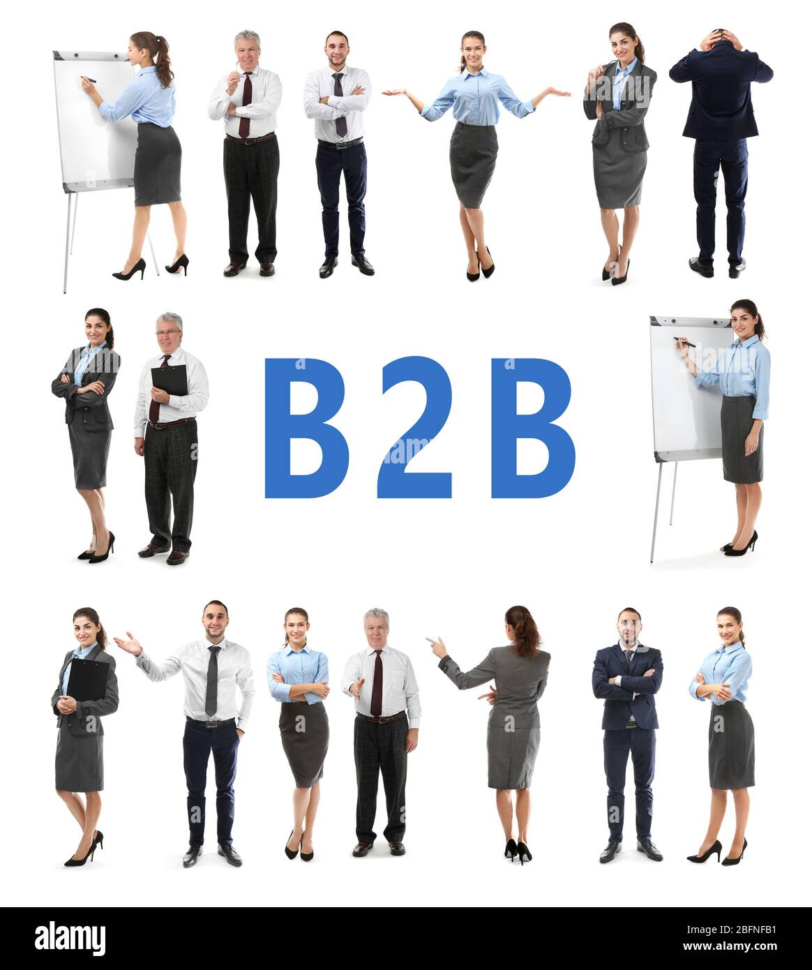 Collage von Geschäftsleuten auf weißem Hintergrund. B2B-Text Stockfoto
