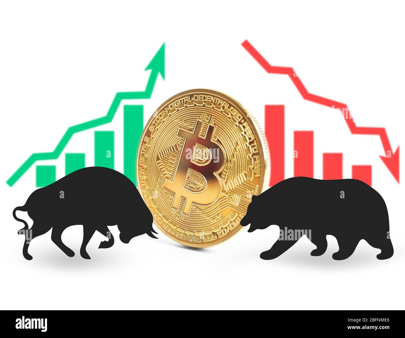 Konfrontation zwischen Bulle und Bär als Symbol des Finanzmarktes mit Bitcoin auf weißem Hintergrund. Konzept des Aktienhandels Stockfoto
