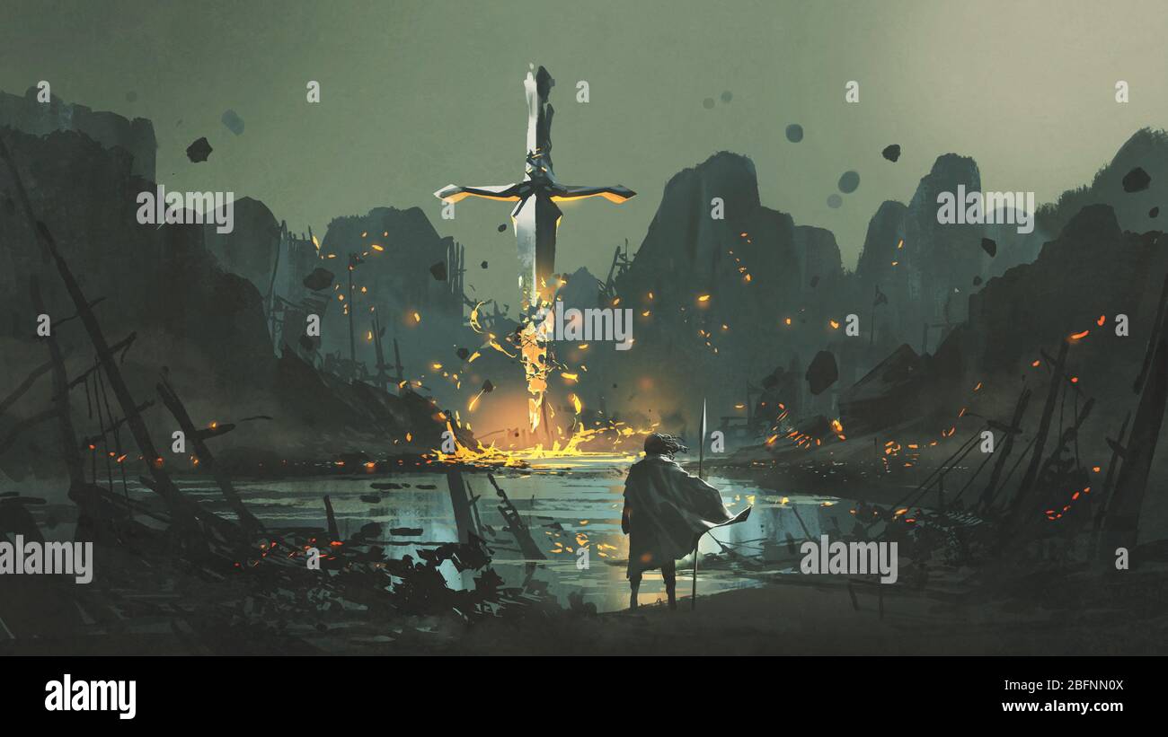 Ein Krieger, der am verlassenen Hafen steht und das zerbrochene Riesenschwert, digitalen Kunststil, Illustration Malerei betrachtet Stockfoto