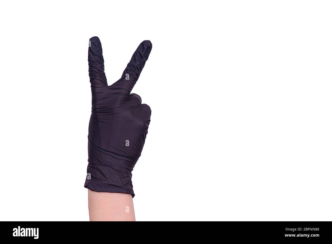 Weibliche Hände in Handschuhen. Medizinisches Thema. Coronavirus Pandemie Stockfoto