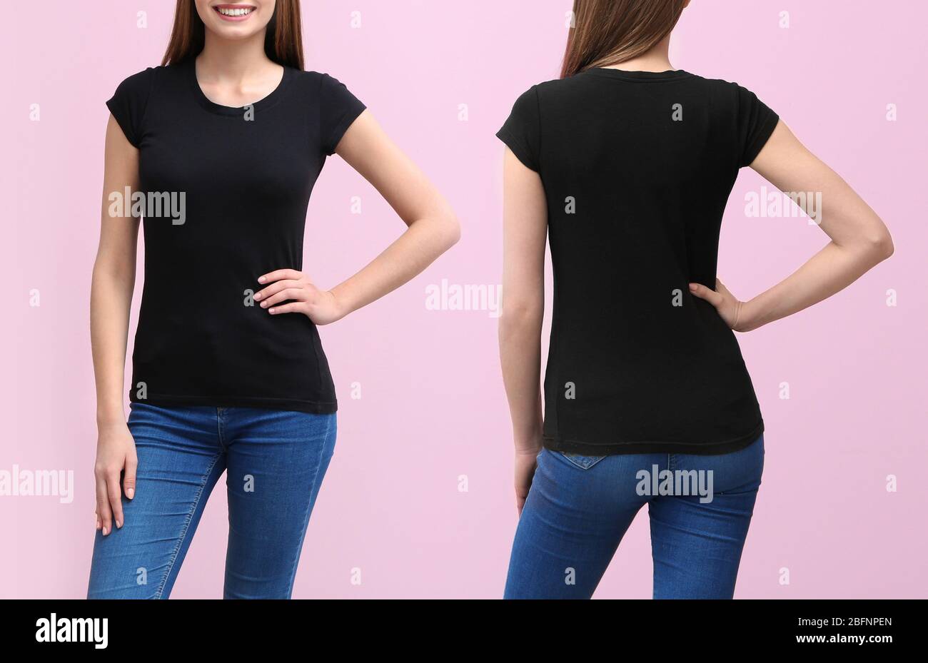 Vorder- und Rückansicht der jungen Frau in stilvollem T-Shirt auf rosa Hintergrund. Modell für Design Stockfoto