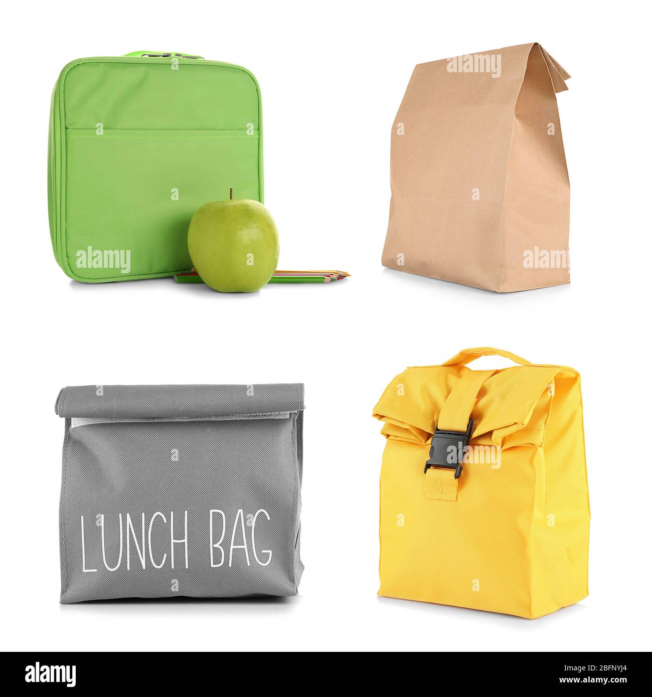 Set von Taschen mit Essen für die Schule Mittagessen auf weißem Hintergrund Stockfoto