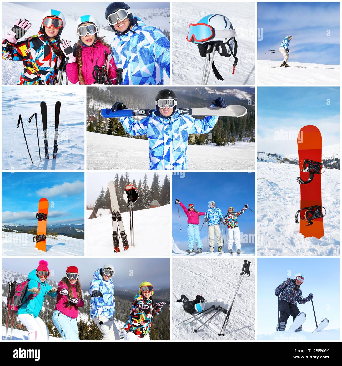 Gruppe von jungen Menschen mit Sportausrüstung im Skigebiet. Winterurlaub Stockfoto