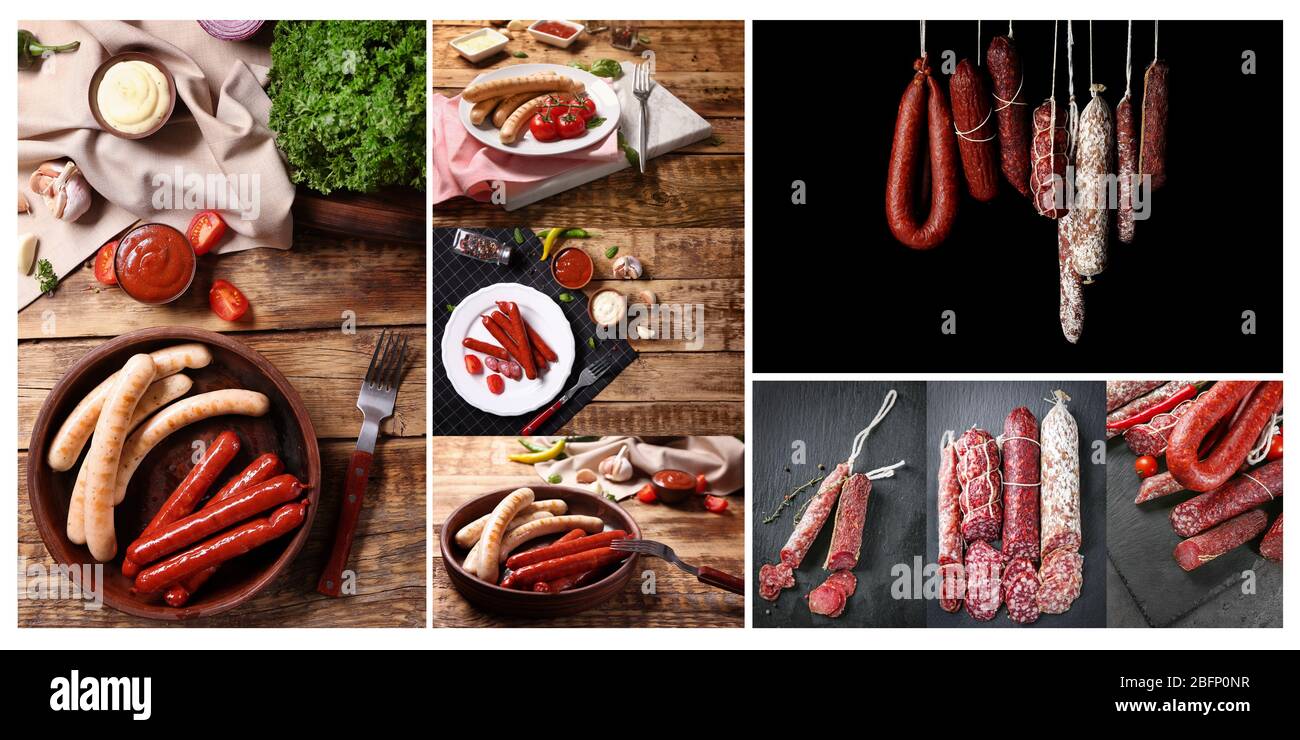 Set mit verschiedenen Arten von leckeren Würstchen Stockfoto