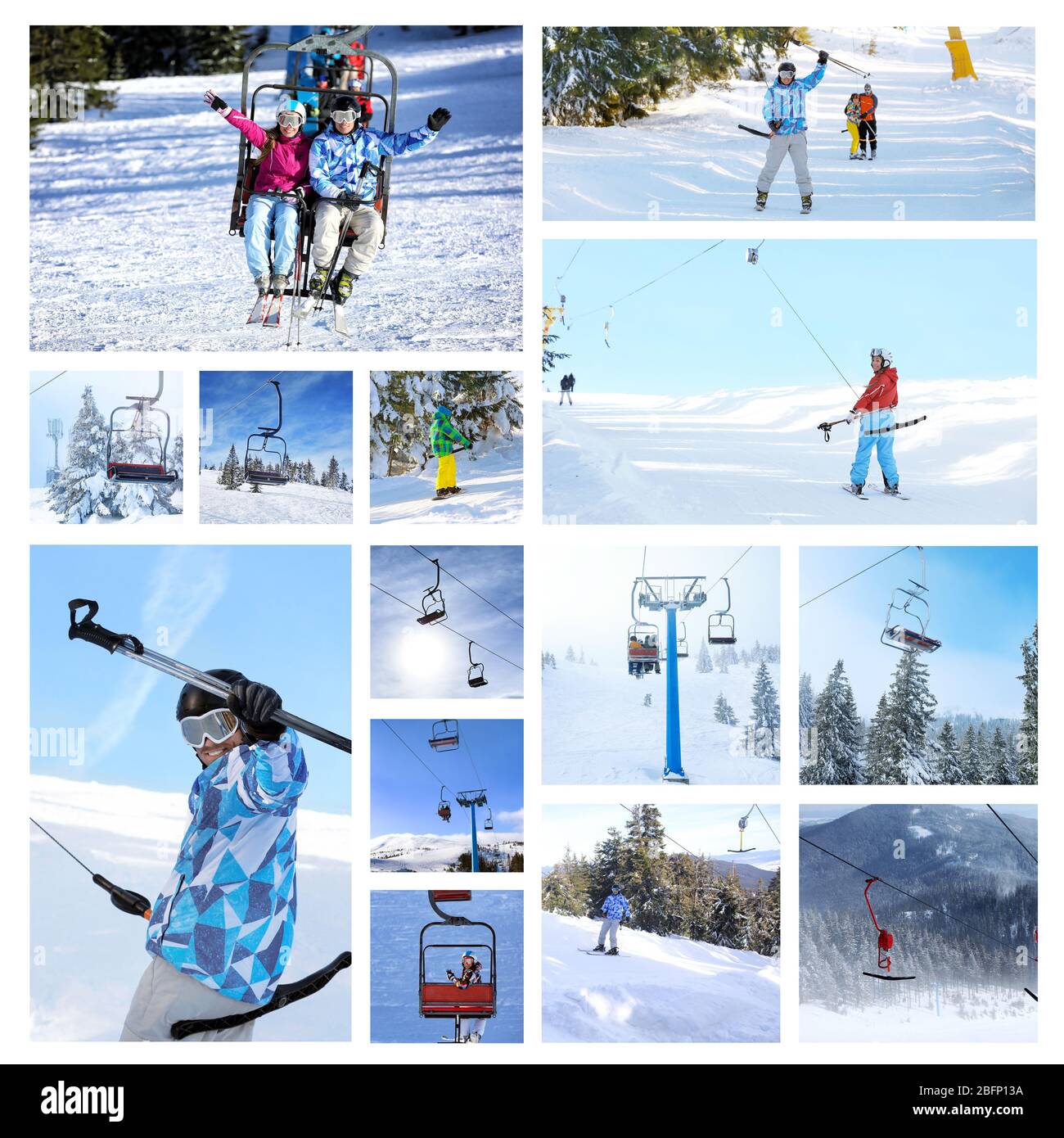 Set von jungen Menschen mit Sportausrüstung und Luftlift im Skigebiet. Winterurlaub Stockfoto