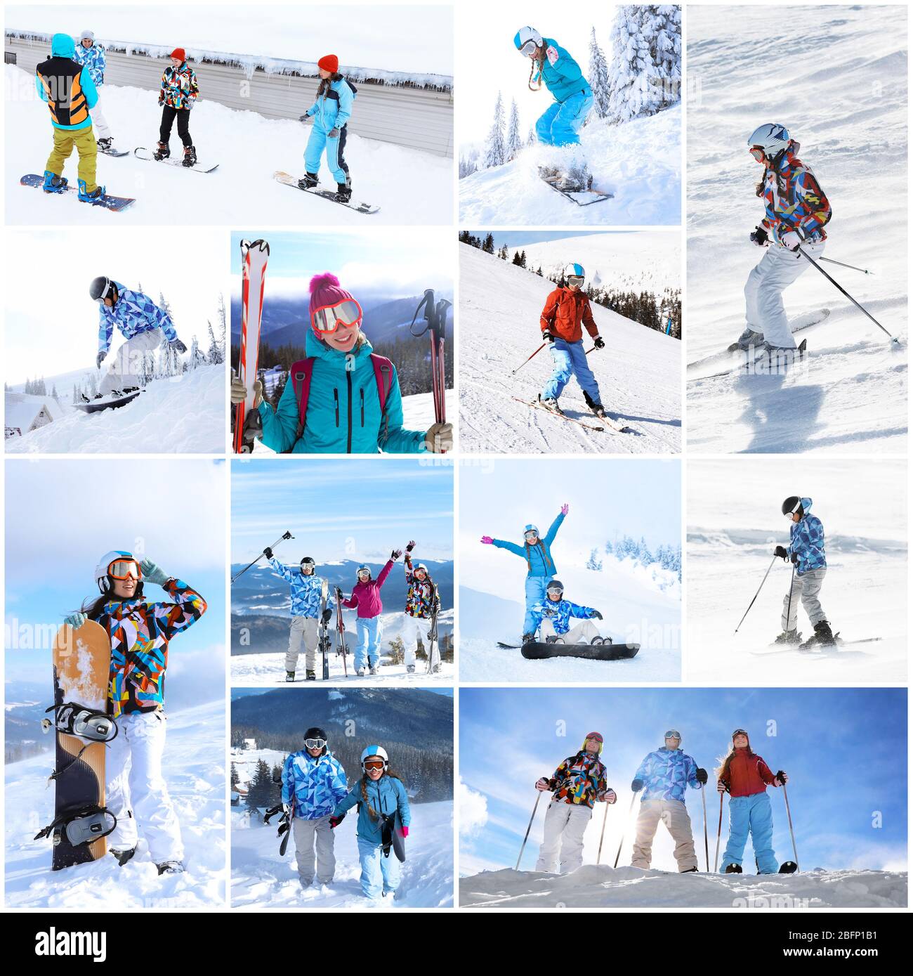 Gruppe von jungen Menschen mit Sportausrüstung im Skigebiet. Winterurlaub Stockfoto