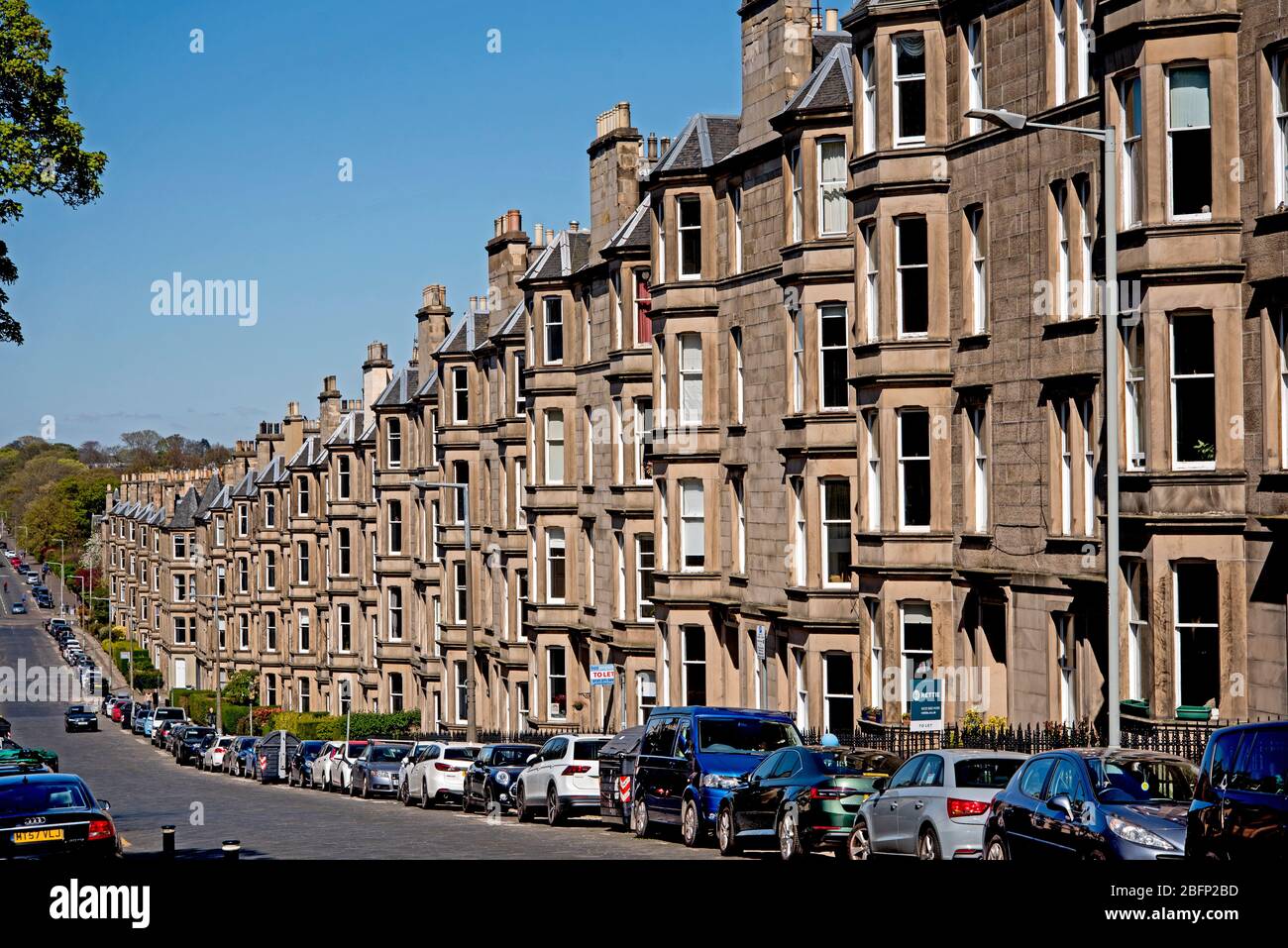 Reihenhäuser auf Comely Bank Avenue, Edinburgh, Schottland, Großbritannien. Stockfoto