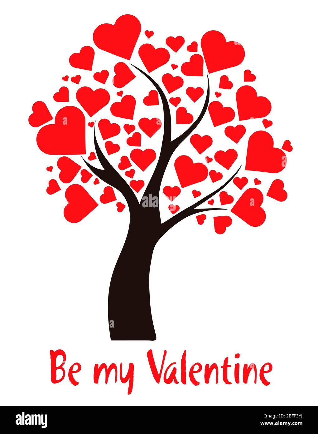 Illustrationsbaum mit Herzen und Text sei mein Valentinstag Stockfoto