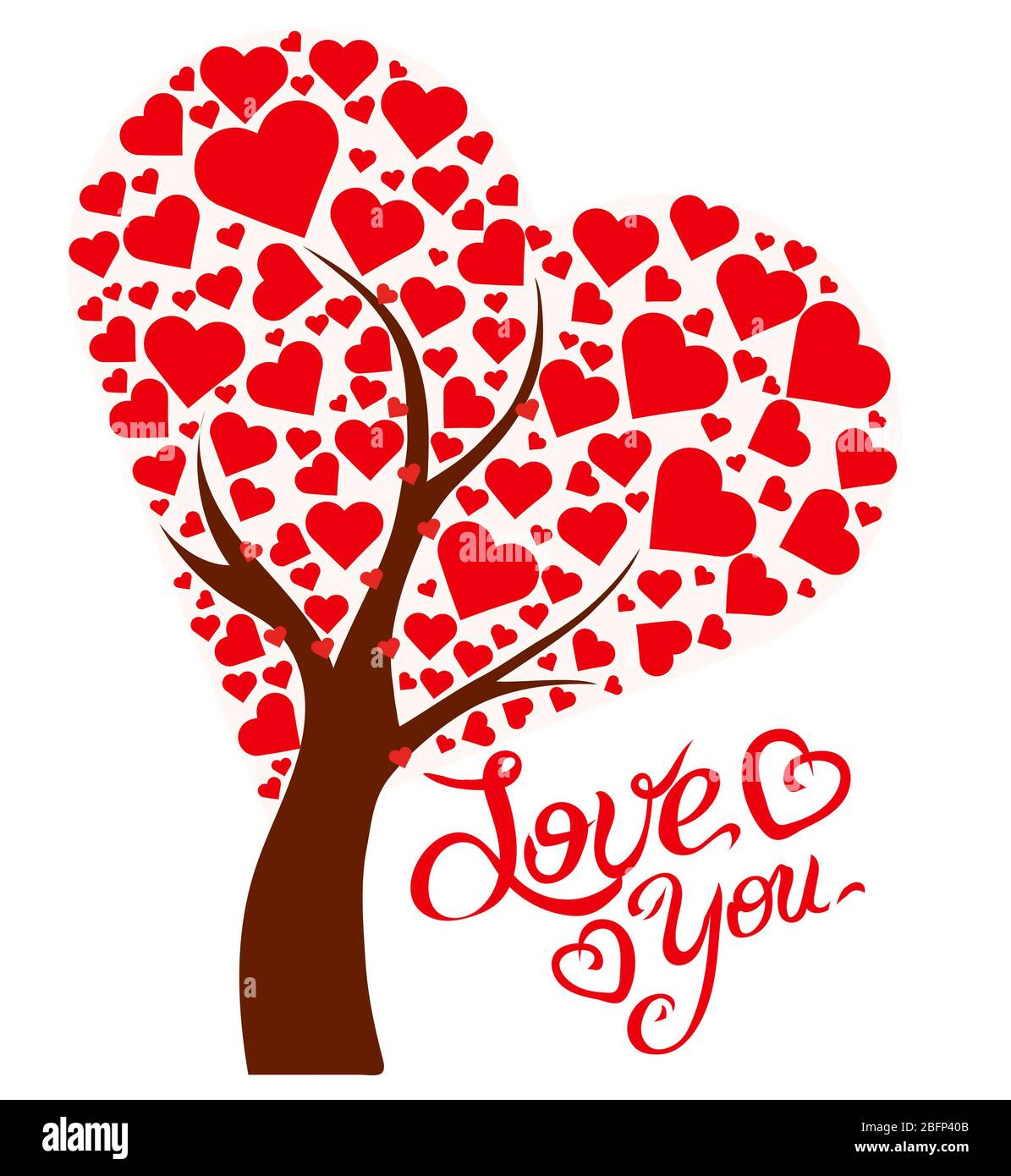 Illustrationsbaum mit Herzen und Text Liebe dich Stockfoto