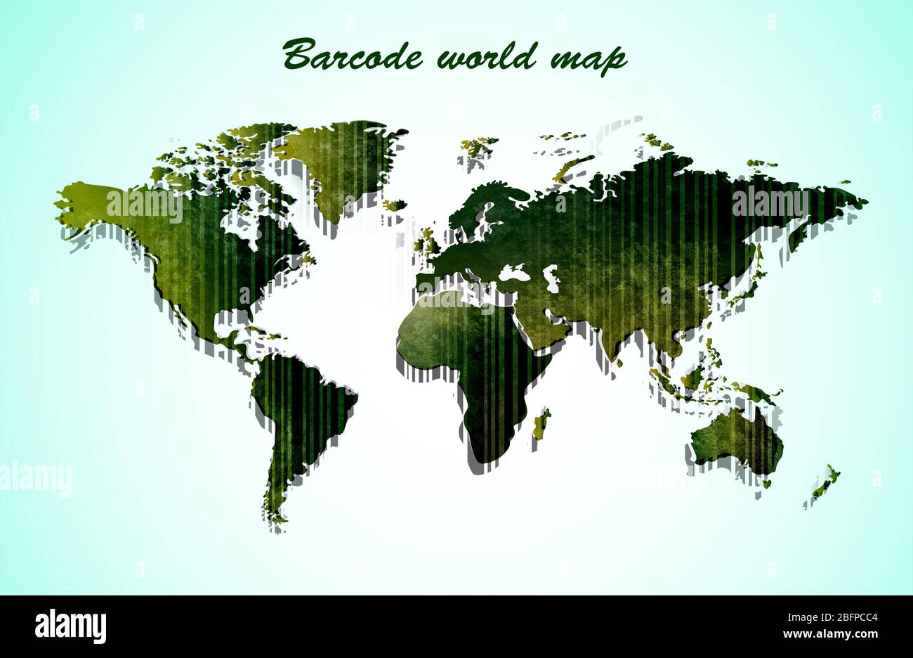 Weltkarte und Barcode auf farbigem Hintergrund. TEXT BARCODE WELTKARTE. Globales Handelskonzept. Stockfoto