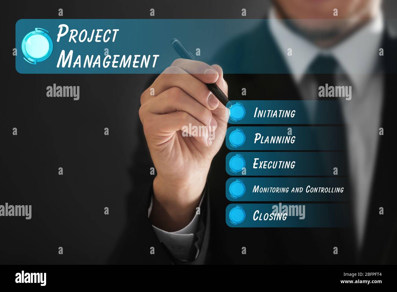 Geschäftskonzept. Man präsentiert Schema des PROJEKTMANAGEMENTS auf virtuellen Bildschirm Stockfoto