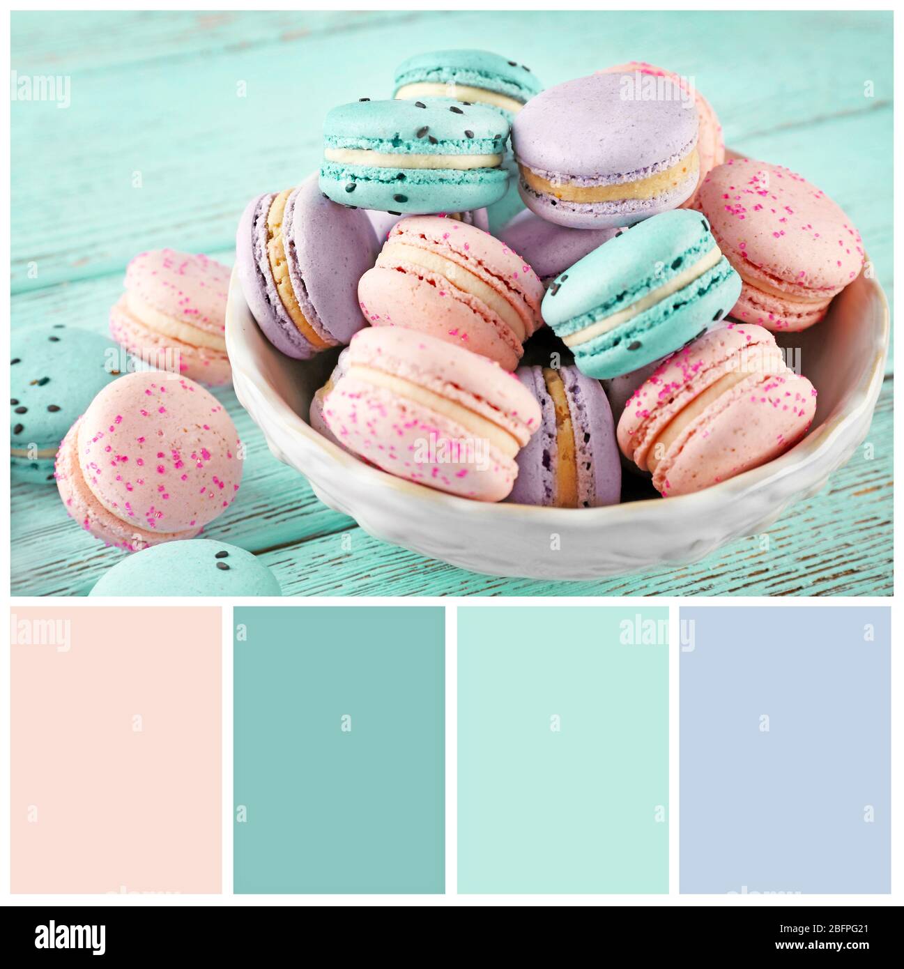 Minze Farbe passend und süße Macarons, Nahaufnahme Stockfotografie - Alamy