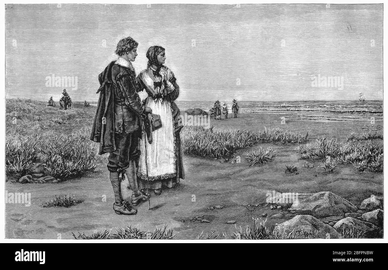 Gravur der Mayflower, als sie nach Amerika segelt Stockfoto