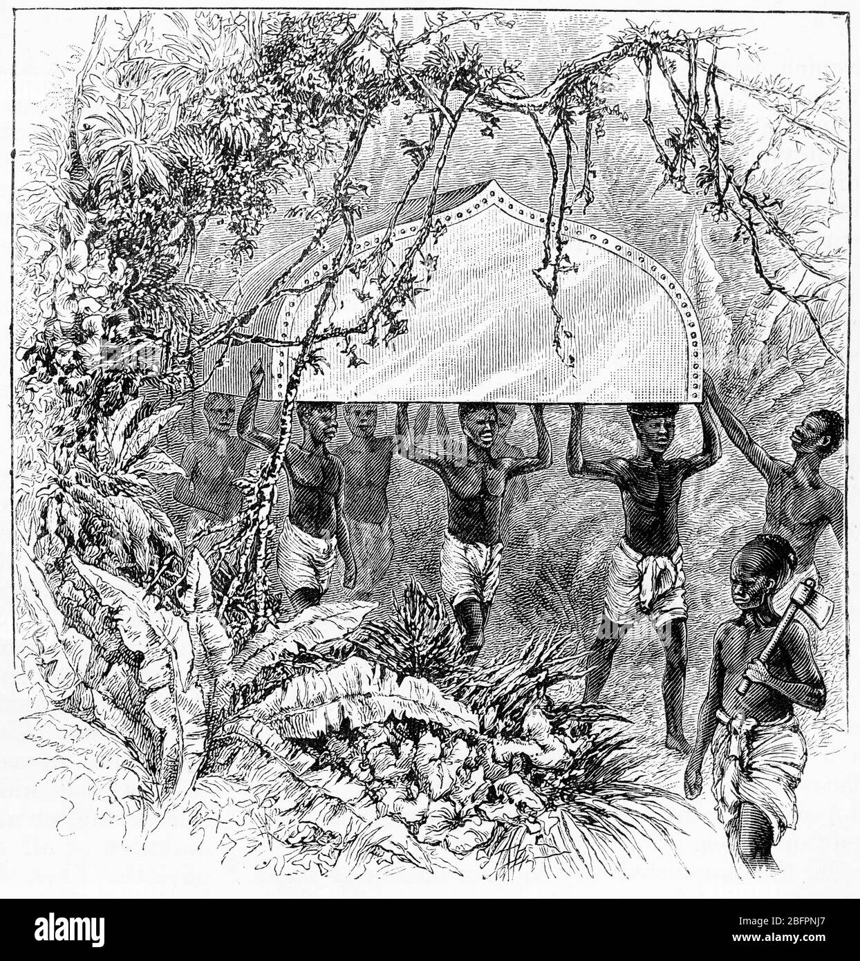 Gravur von Eingeborenen aus dem Kongo in Afrika, die Teile eines Missionsbootes, der Plymouth, um 1880 trugen Stockfoto