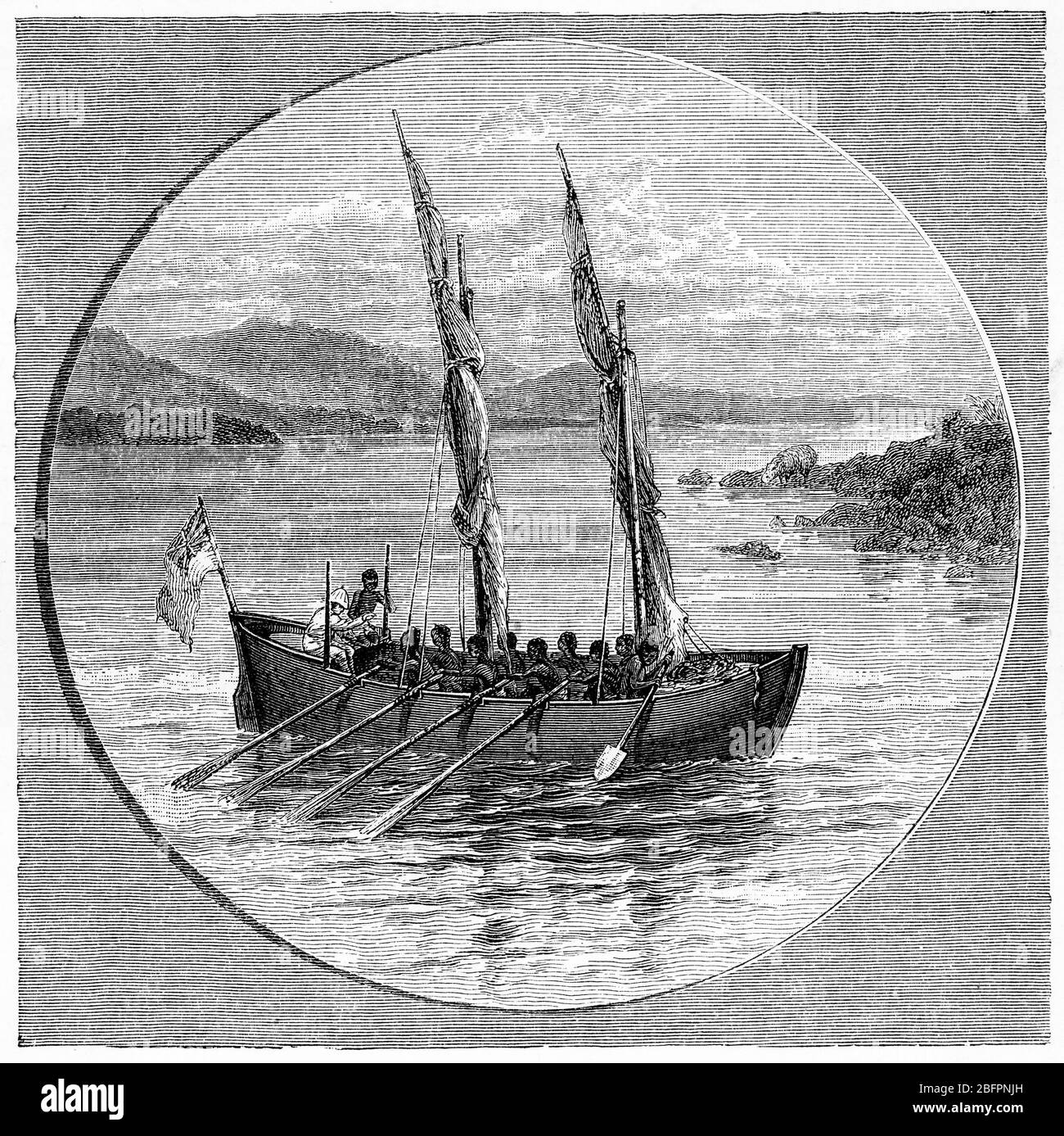 Gravur von Eingeborenen aus dem Kongo in Afrika, die um 1880 ein Missionsboot, die Plymouth, starten Stockfoto