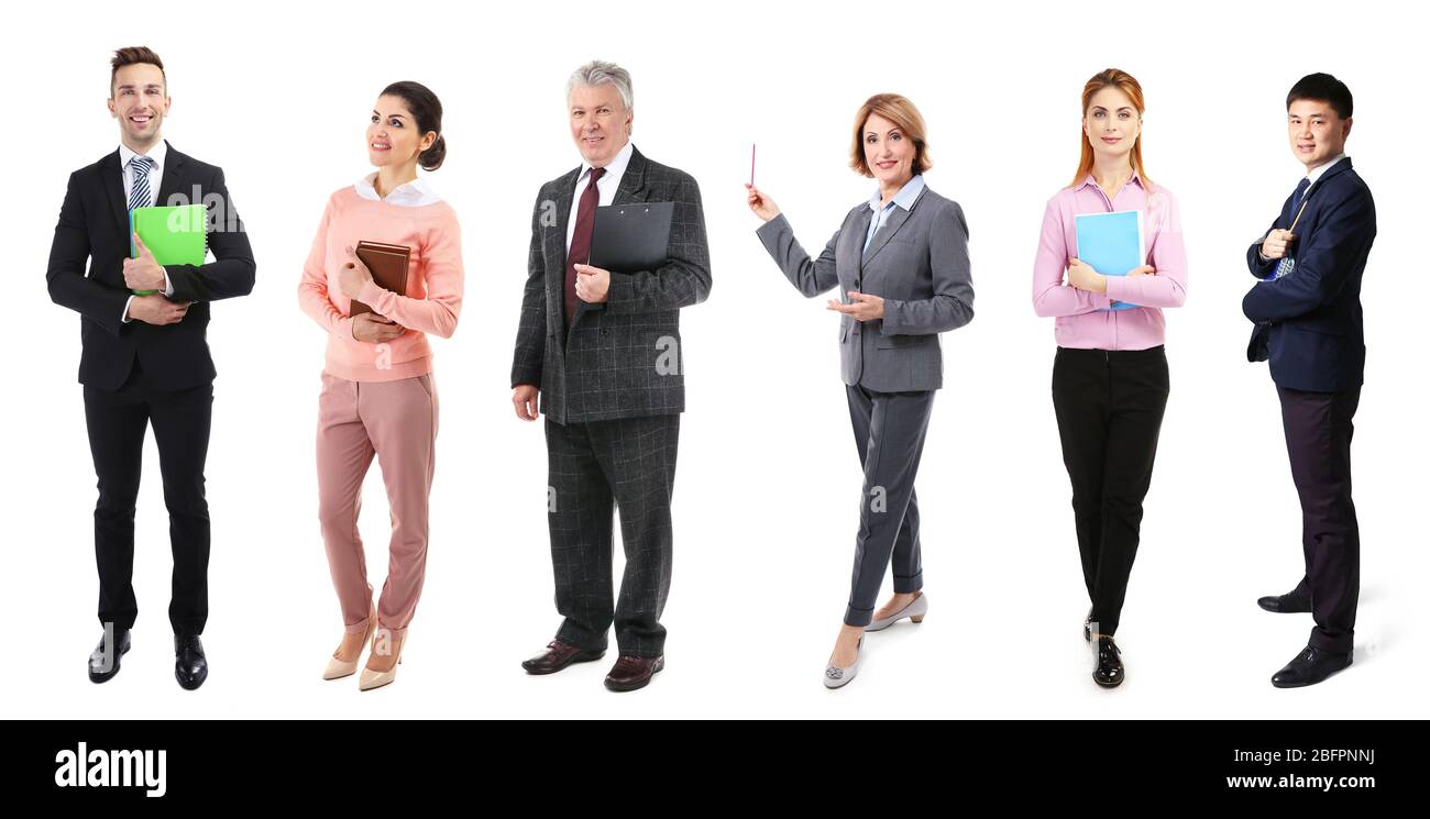 Collage von Lehrern auf weißem Hintergrund Stockfoto