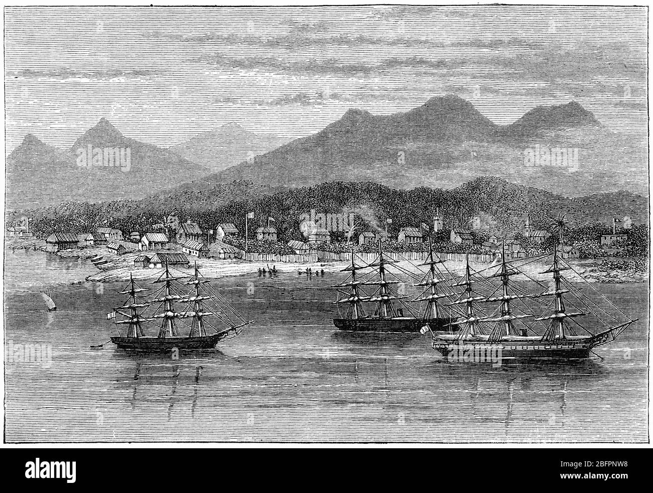 Gravur des Hafens von Toamasina oder Tamatave, Hauptstadt der Atsinanana Region an der Ostküste Madagaskars am Indischen Ozean. Stockfoto