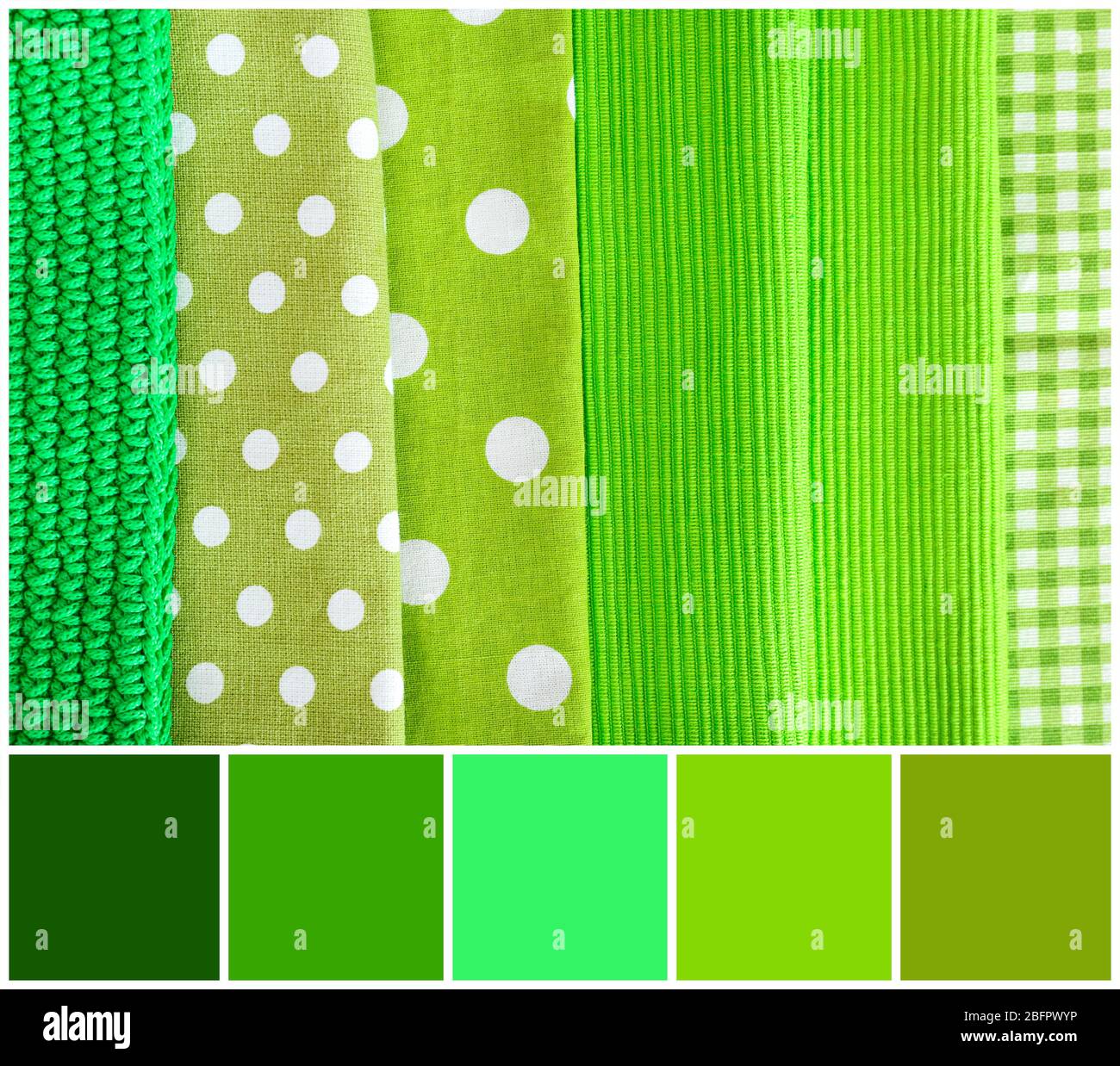 Palette mit grünen Farben und Textilien, Nahaufnahme Stockfoto