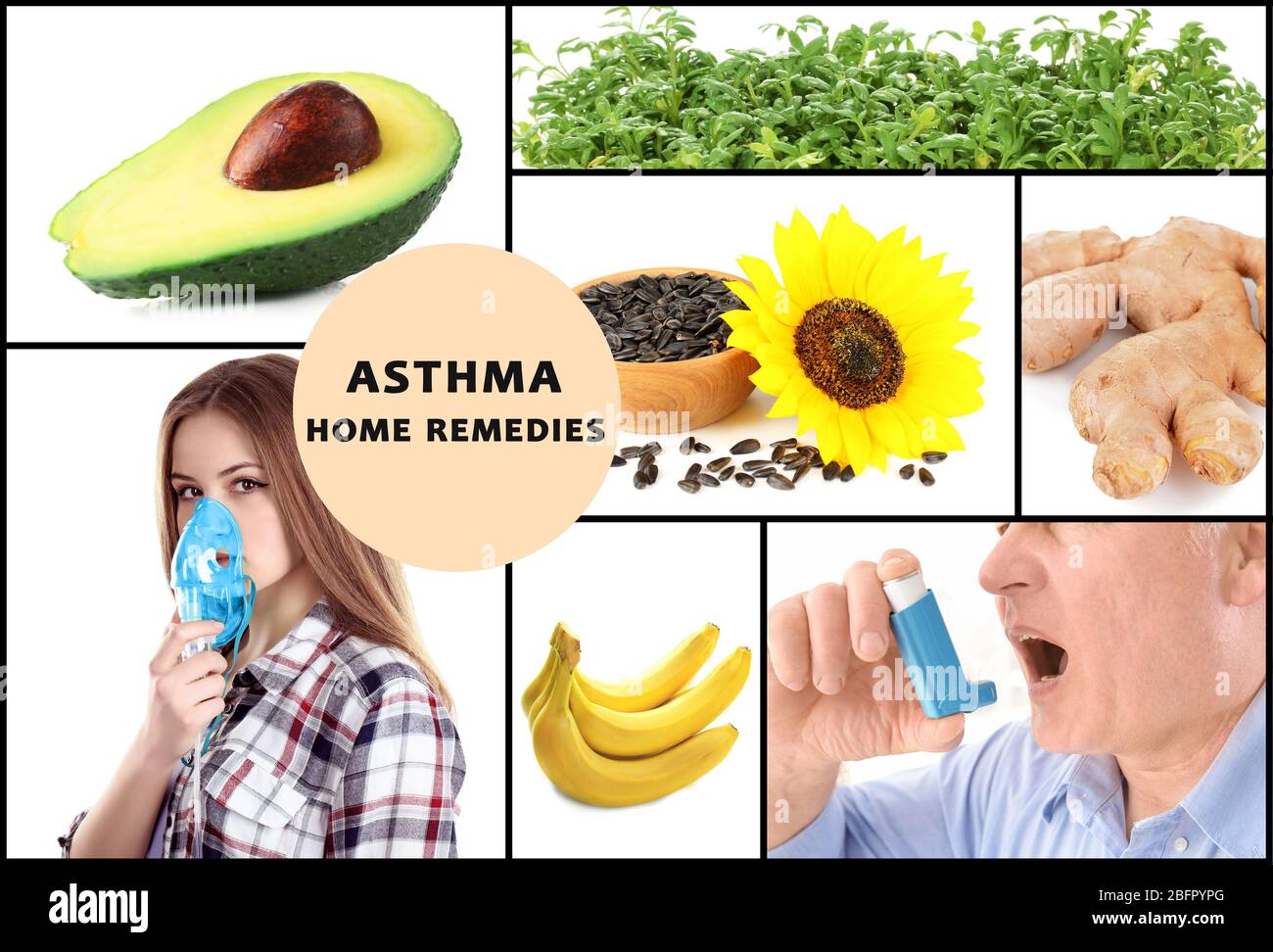 Collage mit Asthma Hausmittel und Menschen Stockfoto