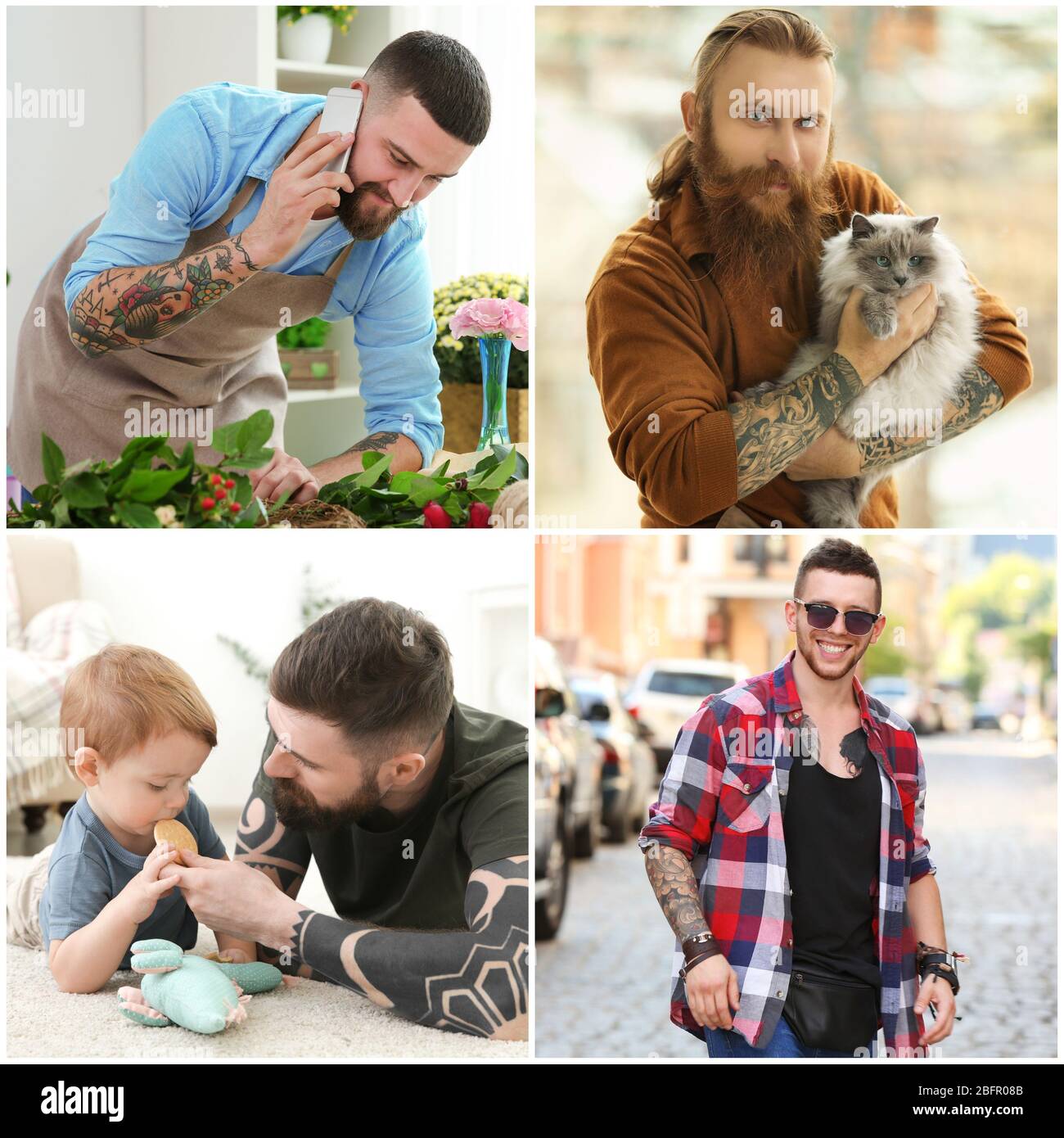 Collage mit stilvollen tätowierten Männern Stockfoto