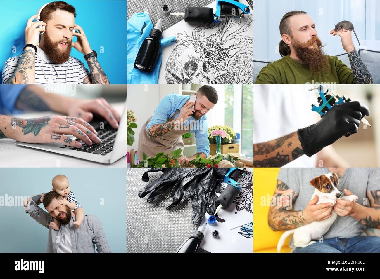 Collage mit stilvollen tätowierten Männern Stockfoto