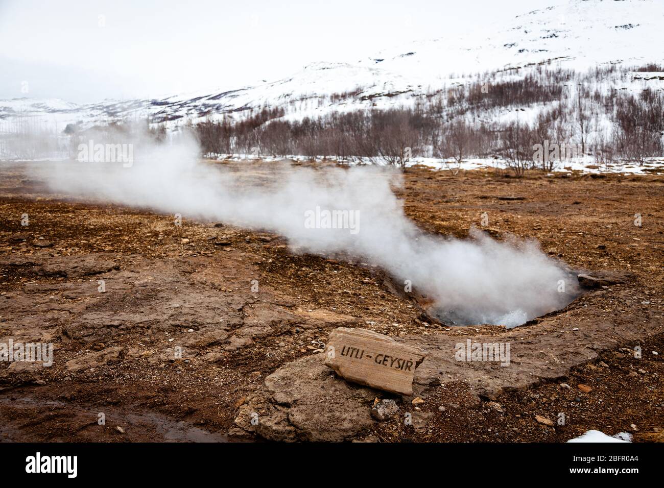 Die heiße Quelle Little Geysir oder Litli Geysir in Geysir Geothermie-Bereich, Island an einem kalten verschneiten Tag im Winter Stockfoto