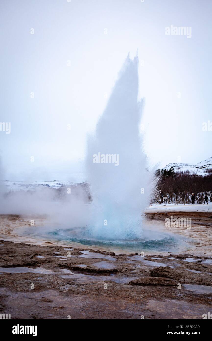 Geysir, Island - Strokkur heiße Quelle im Geysir Geothermie-Gebiet bricht an einem bewölkten Tag im Winter aus Stockfoto