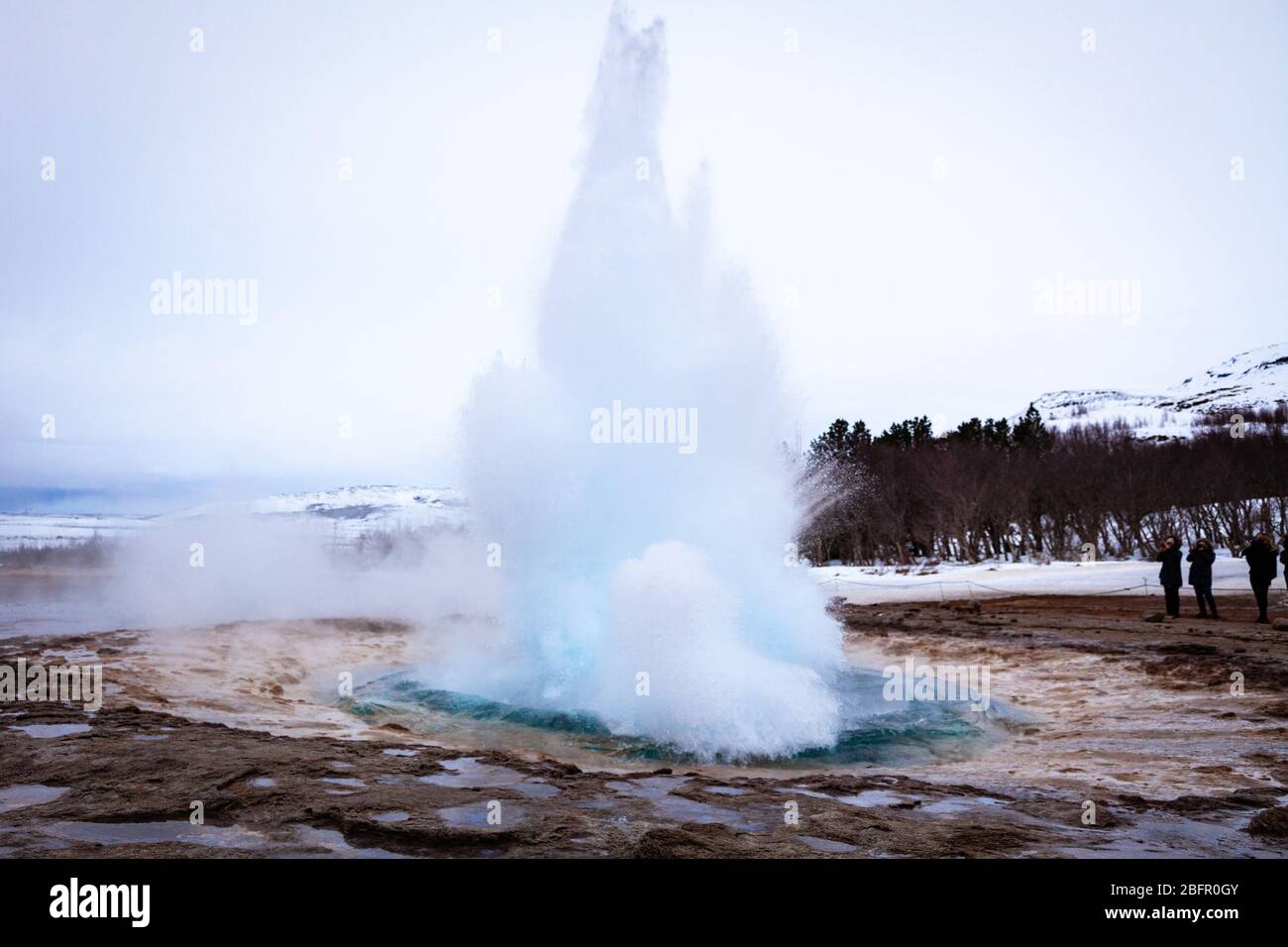 Geysir, Island - Strokkur heiße Quelle im Geysir Geothermie-Gebiet bricht an einem bewölkten Tag im Winter aus Stockfoto