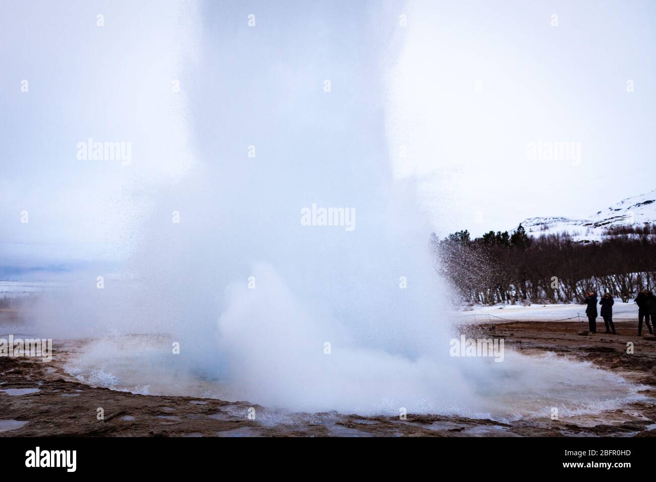 Geysir, Island - Strokkur heiße Quelle im Geysir Geothermie-Gebiet bricht an einem bewölkten Tag im Winter aus Stockfoto
