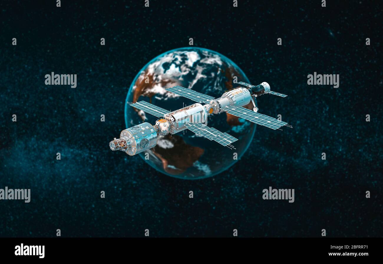 Internationale Raumstation in der Umlaufbahn nahe dem Planeten Erde Stockfoto