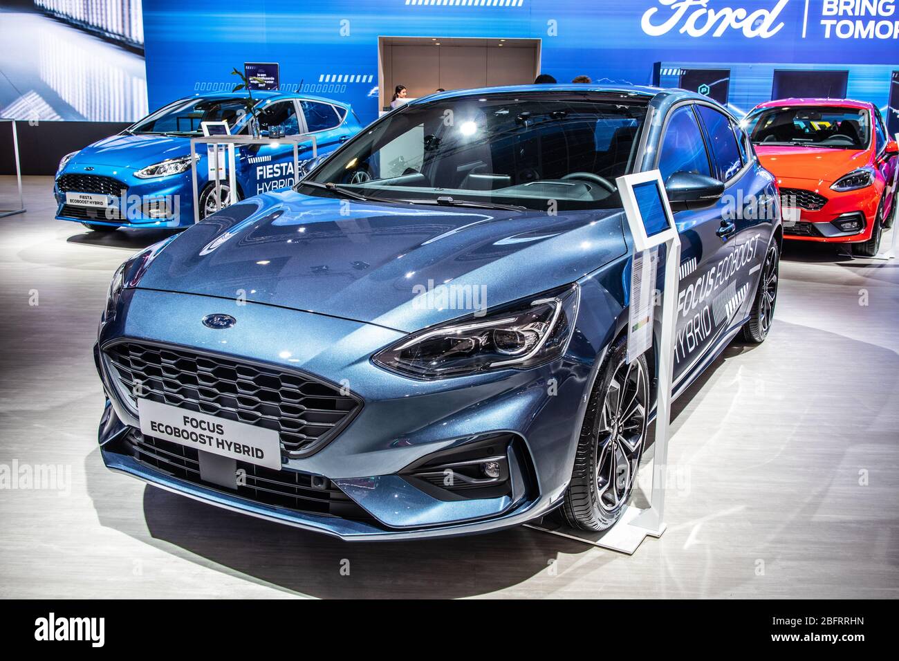 Brüssel, Belgien, Jan 2020: Ford Focus Ecobost Hybrid auf der Brussels Motor Show, Plug-in-Hybrid PIH-Auto der vierten Generation von Ford Stockfoto