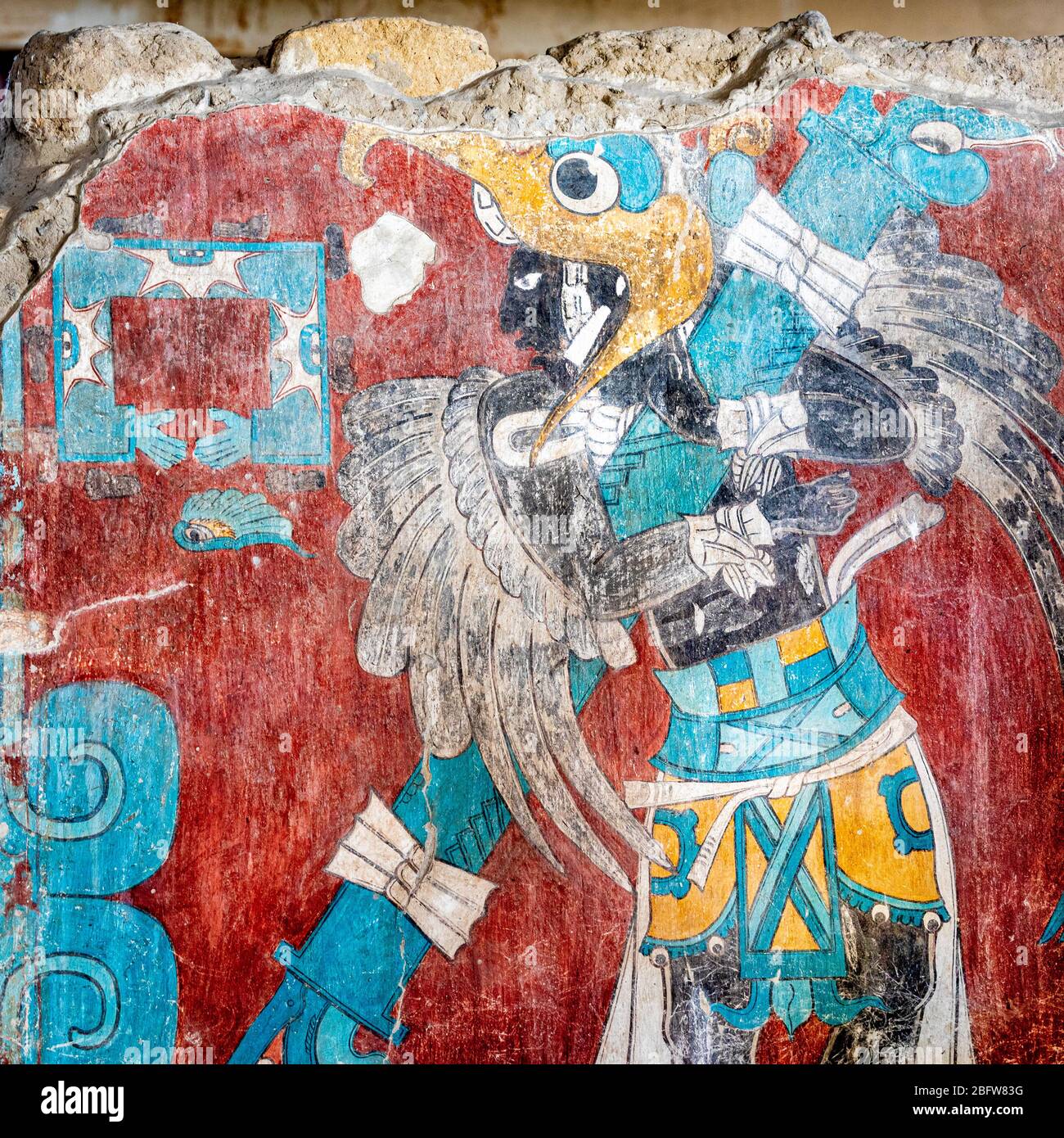 Wandgemälde mit dem Titel 'Adlermann' in den Ruinen von Cacaxtla, Tlaxcala in Mexiko. Stockfoto