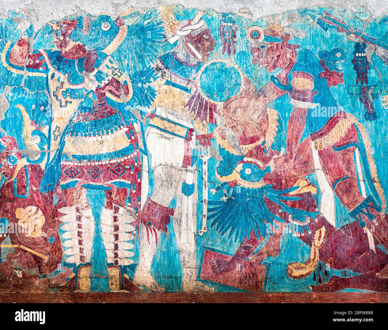 Wandgemälde von la Batalla in den Ruinen von Cacaxtla, Tlaxcala in Mexiko. Stockfoto