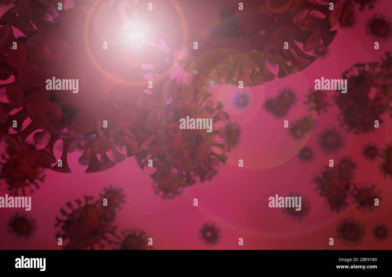 Roter COVID-19-Virenhintergrund mit Streulicht Stockfoto
