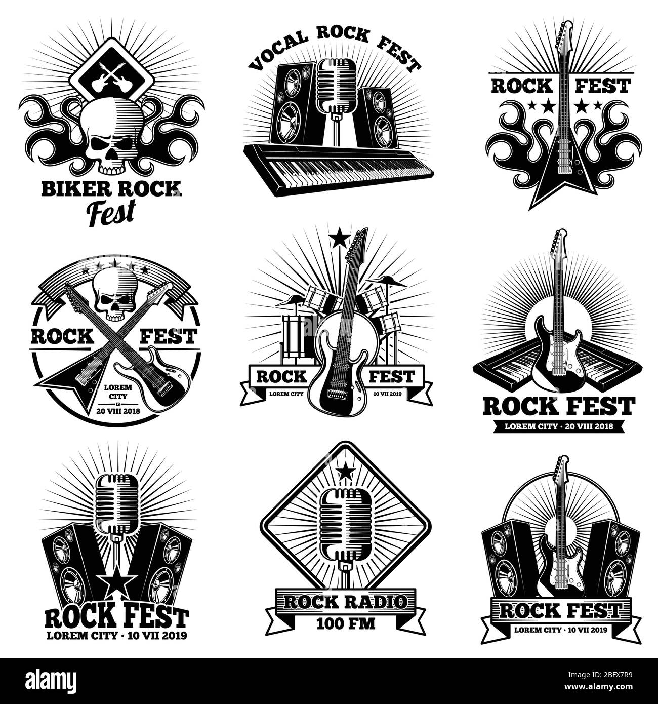 Retro Rock n Roll Band Labels. Grunge Rocks Party Festival Vektor-Labels. Musik-Rock-Band, Illustration von musikalischen Logo oder Emblem Stock Vektor