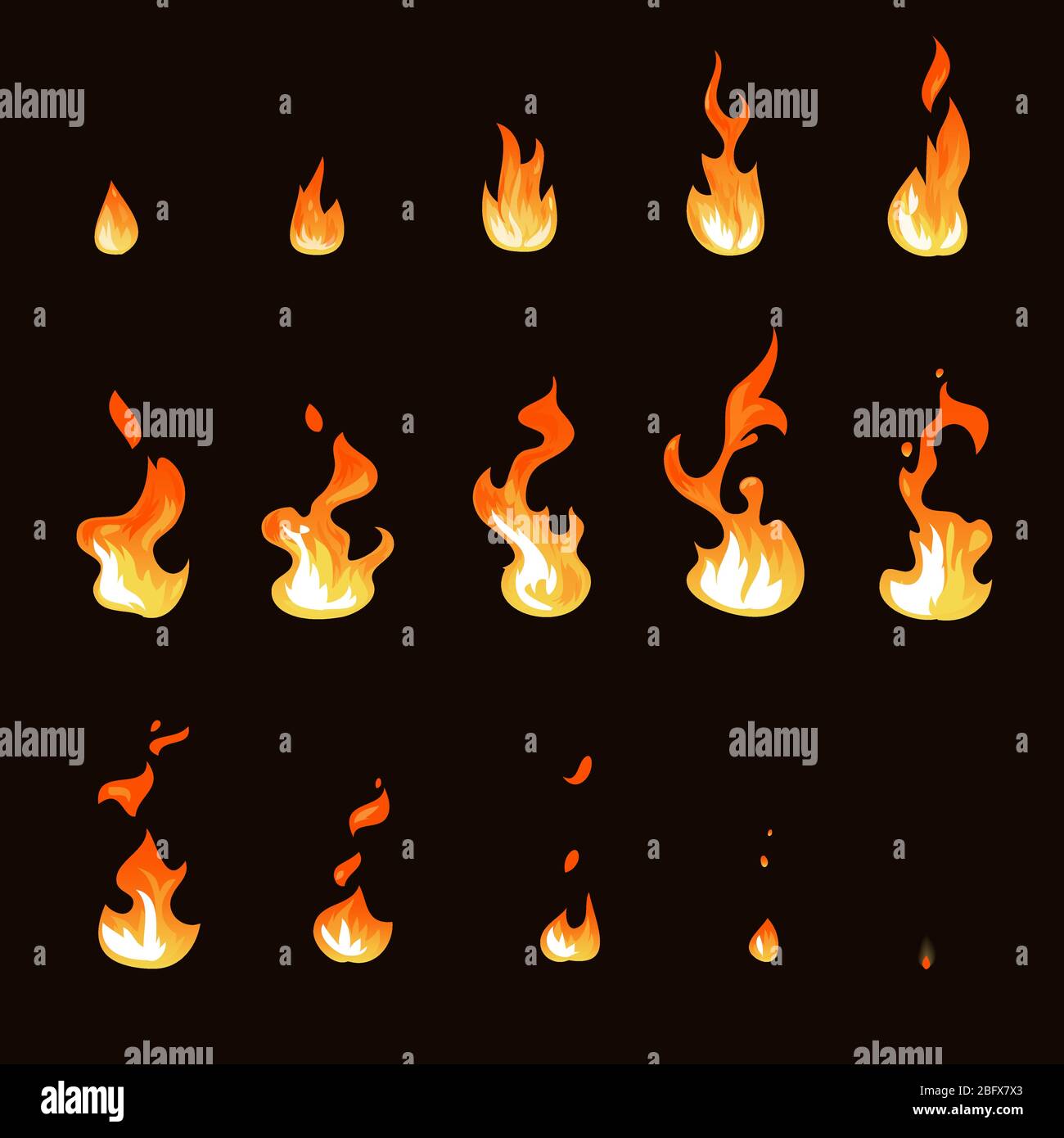 Cartoon Feuer Flamme Blatt Sprite Animation Vektor-Set. Illustration von Feuer Bewegung Animation, heiße Flamme Cartoon animiert Stock Vektor