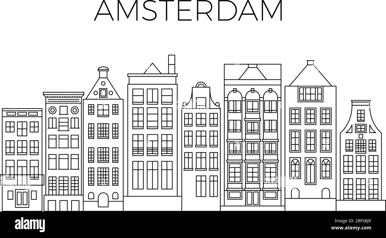 Amsterdam beherbergt Stadtpanorama. Niederländische Straßengebäude Vektor Skyline. Skyline Straße Stadt Architektur Linie Stil Illustration Stock Vektor