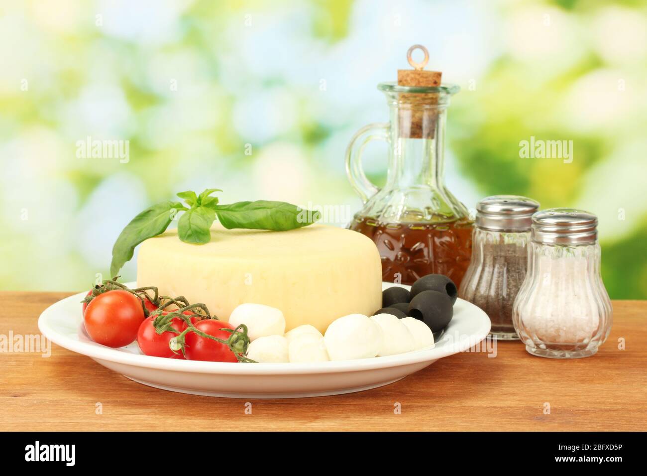 Käse Mozzarella mit Gemüse in der Platte auf Holztisch Nahaufnahme Stockfoto