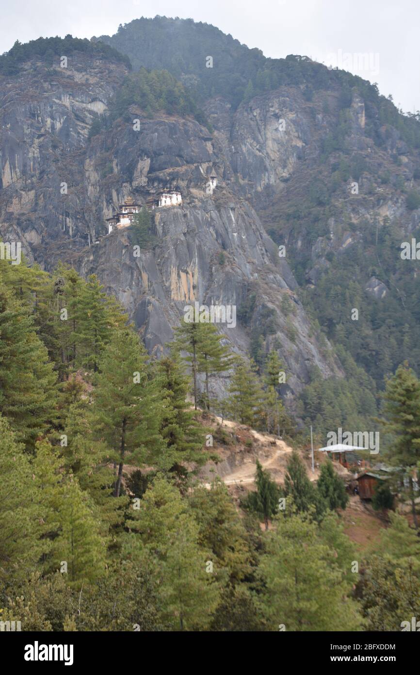 Die Wanderung zum Tiger's Nest Kloster (auch bekannt als der Taktsang Weg nach Paro Taktsang) ist Bhutans beliebteste Touristenattraktion. Stockfoto